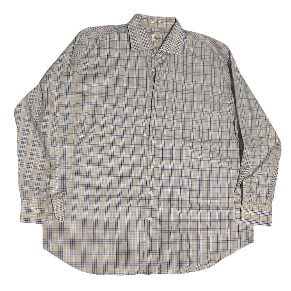 Peter Millar Shirt Men’s XXL Beige Blue Plaid Button Down Long Sleeve Shirt